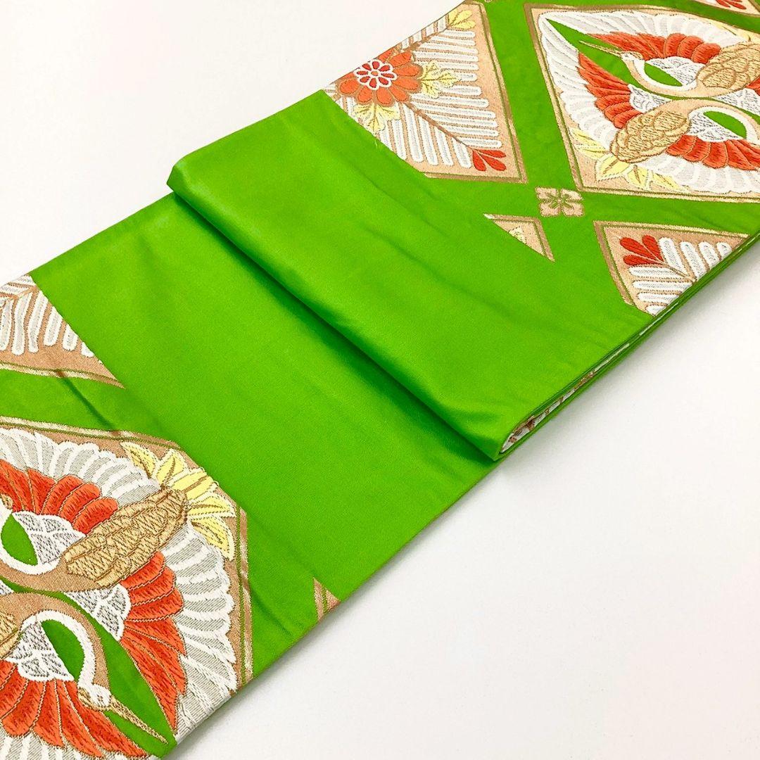 4985# Japanese Vintage Fukuro Obi Belt Kimono Fabric Silk Traditional Green