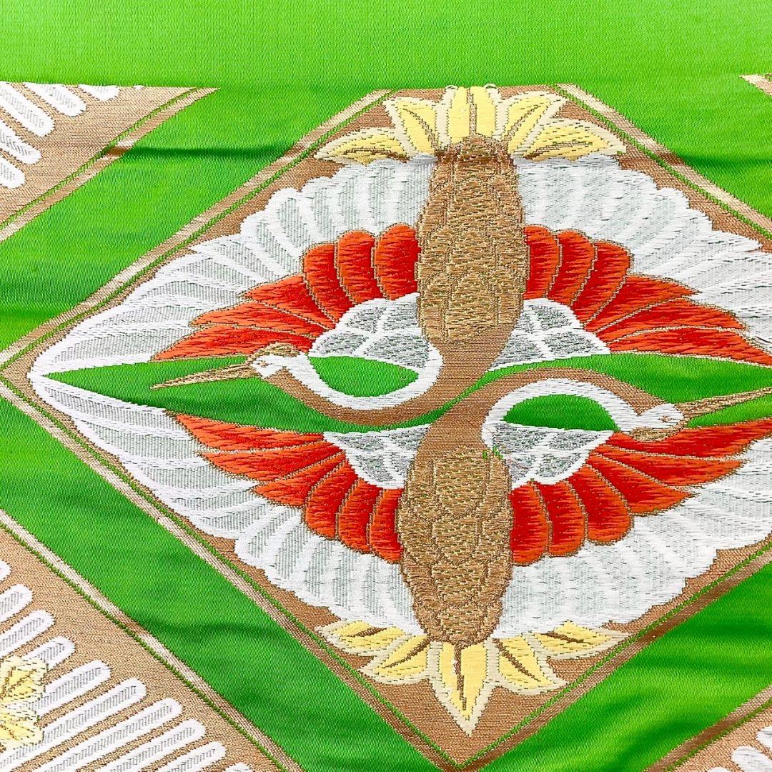 4985# Japanese Vintage Fukuro Obi Belt Kimono Fabric Silk Traditional Green