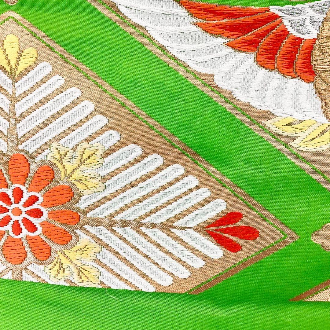4985# Japanese Vintage Fukuro Obi Belt Kimono Fabric Silk Traditional Green