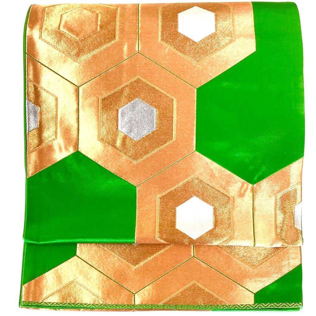 5239# Japanese Vintage Fukuro Obi Belt Kimono Fabric Silk Traditional Green