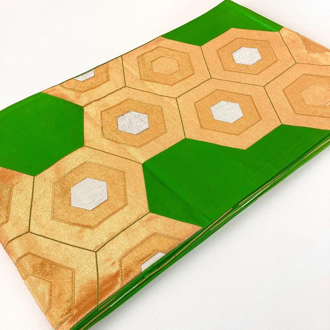 5239# Japanese Vintage Fukuro Obi Belt Kimono Fabric Silk Traditional Green