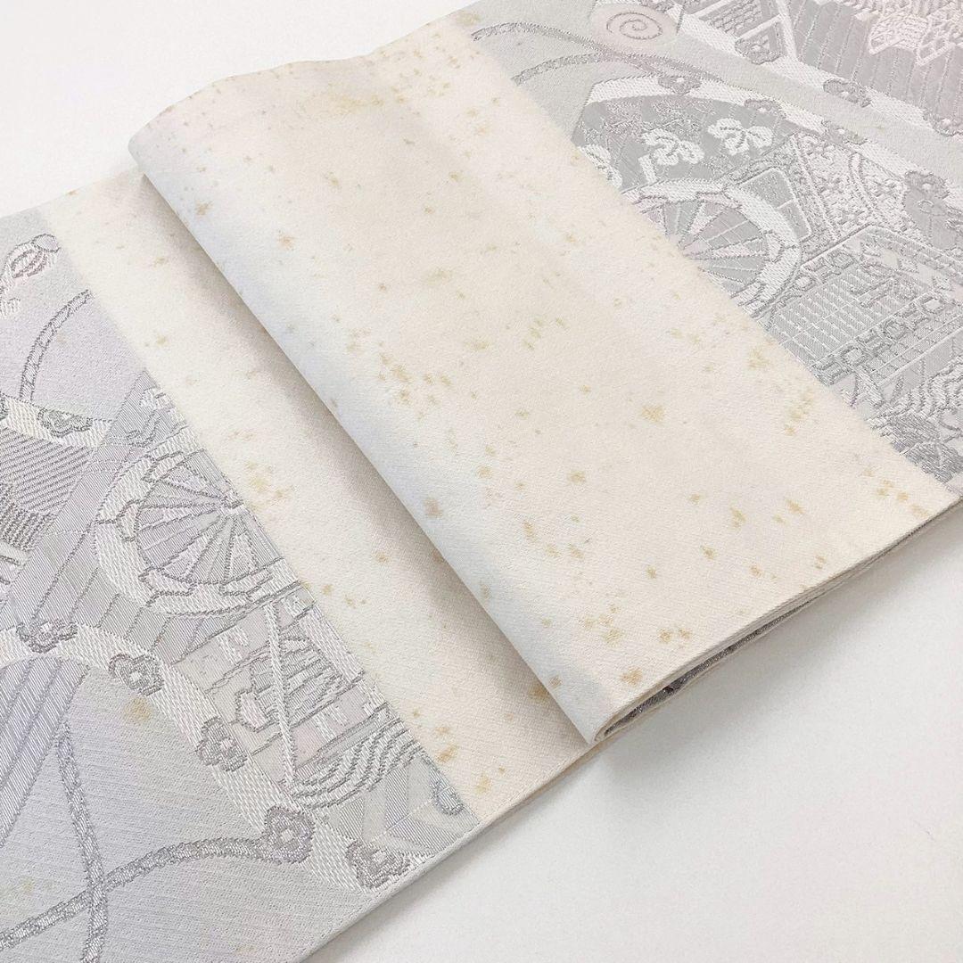 4921# Japanese Vintage Fukuro Obi Belt Kimono Fabric Silk Traditional Silver