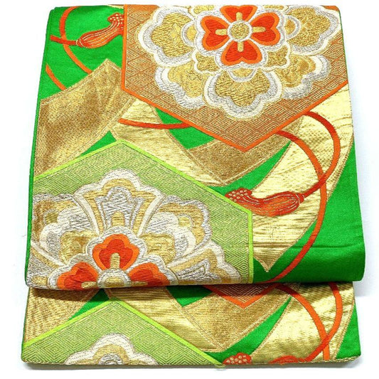 5142# Japanese Vintage Fukuro Obi Belt Kimono Fabric Silk Traditional Green