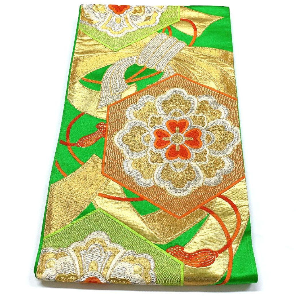 5142# Japanese Vintage Fukuro Obi Belt Kimono Fabric Silk Traditional Green