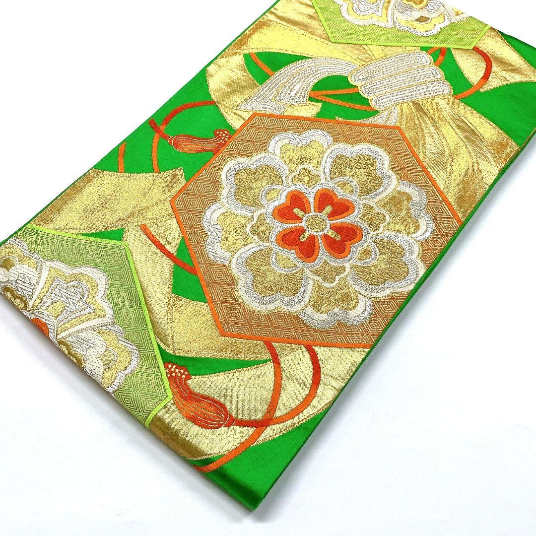 5142# Japanese Vintage Fukuro Obi Belt Kimono Fabric Silk Traditional Green
