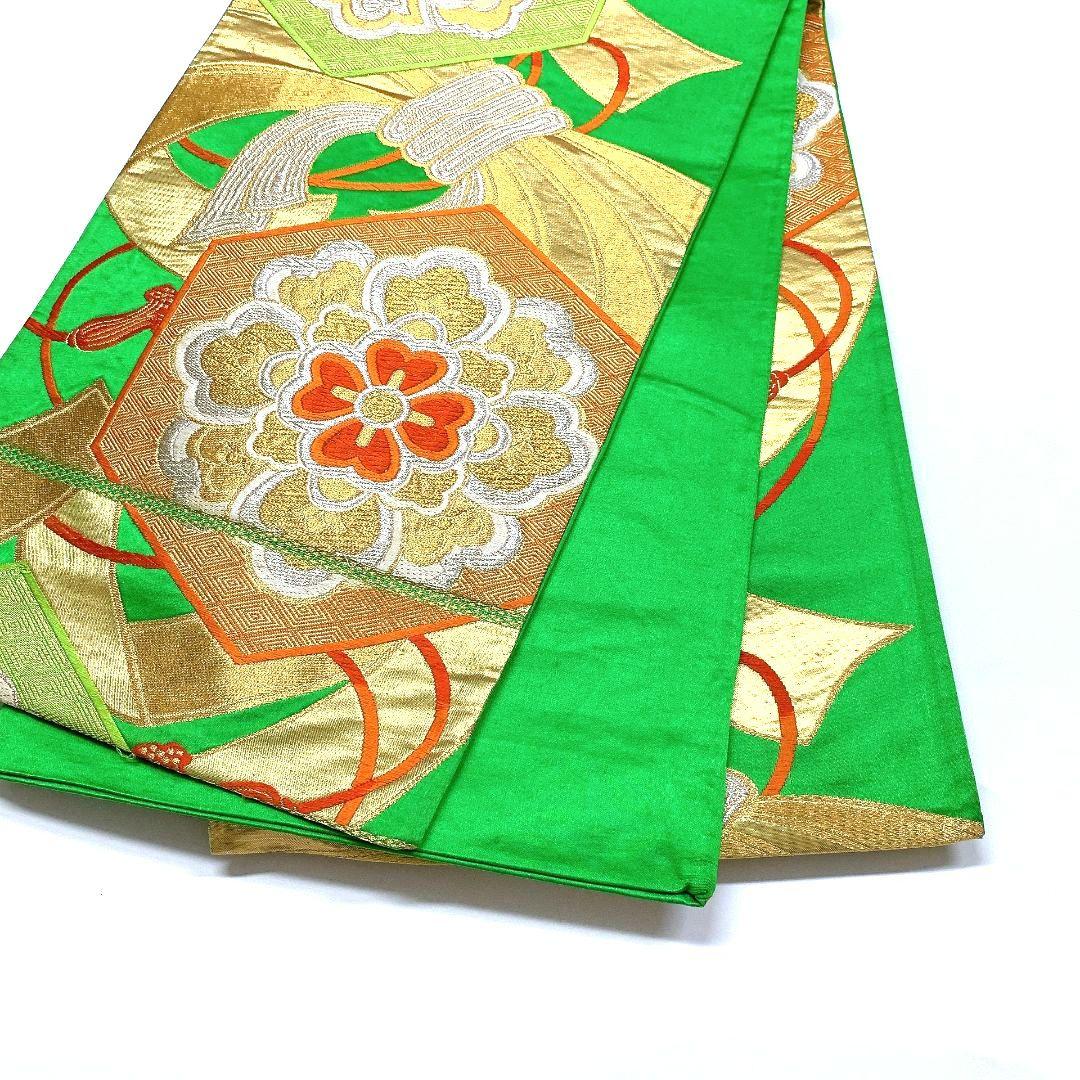 5142# Japanese Vintage Fukuro Obi Belt Kimono Fabric Silk Traditional Green