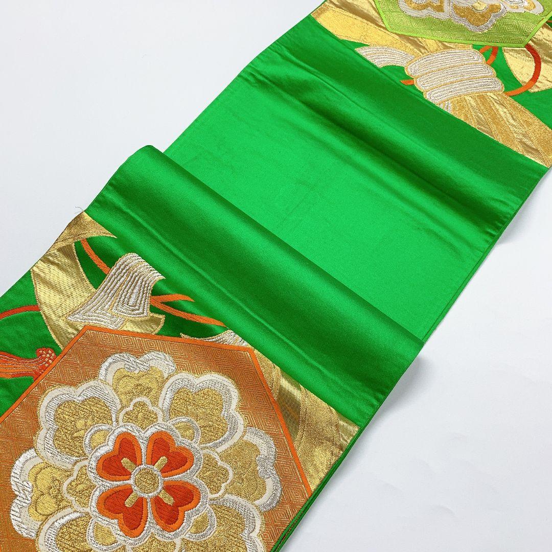 5142# Japanese Vintage Fukuro Obi Belt Kimono Fabric Silk Traditional Green