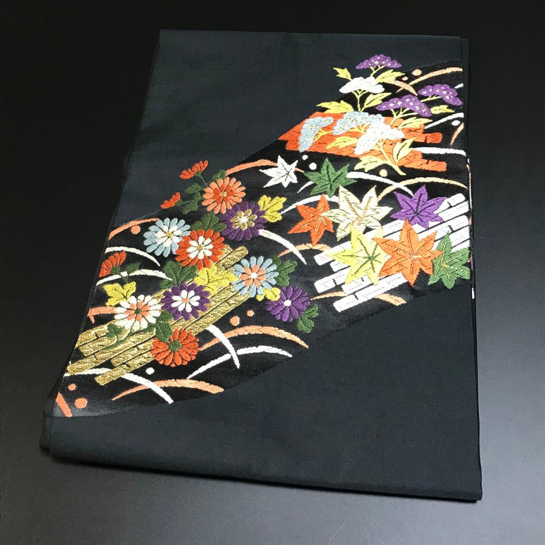 6757# Japanese Vintage Nagoya Obi Belt Kimono Fabric Silk Traditional Black