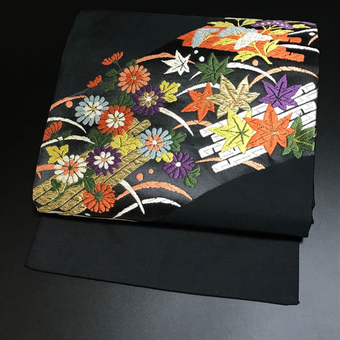 6757# Japanese Vintage Nagoya Obi Belt Kimono Fabric Silk Traditional Black