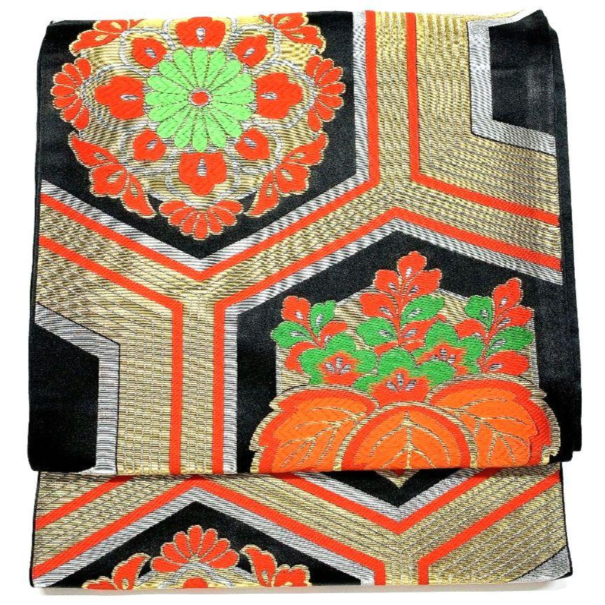 5128# Japanese Vintage Fukuro Obi Belt Kimono Fabric Silk Traditional Black