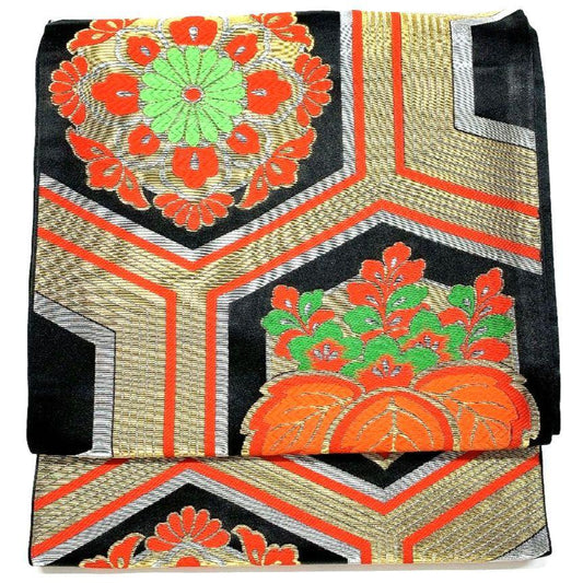 5128# Japanese Vintage Fukuro Obi Belt Kimono Fabric Silk Traditional Black