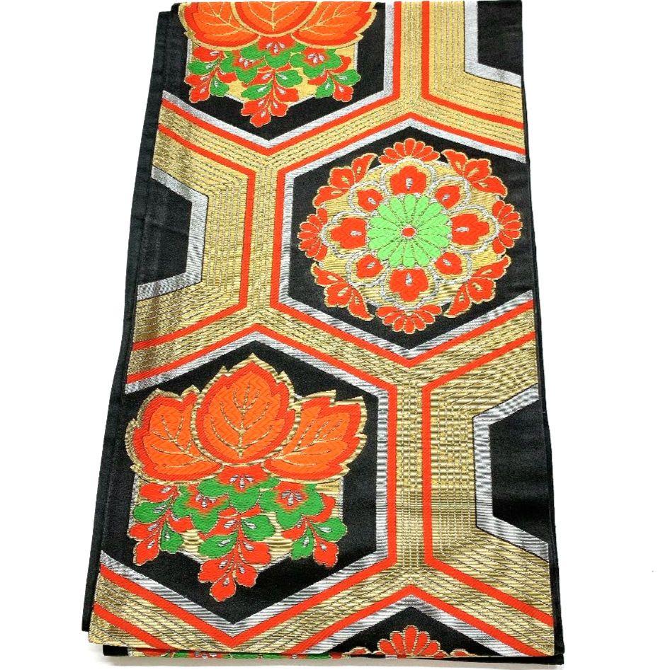 5128# Japanese Vintage Fukuro Obi Belt Kimono Fabric Silk Traditional Black