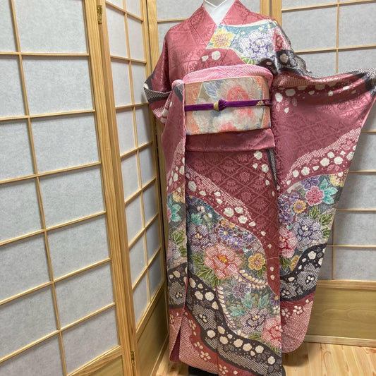 3134# Japanese Vintage Furisode Kimono Obi Obijime Obiage 4-Piece Set Silk Robe