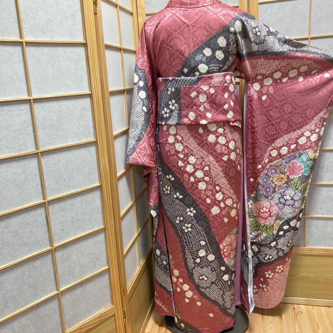 3134# Japanese Vintage Furisode Kimono Obi Obijime Obiage 4-Piece Set Silk Robe