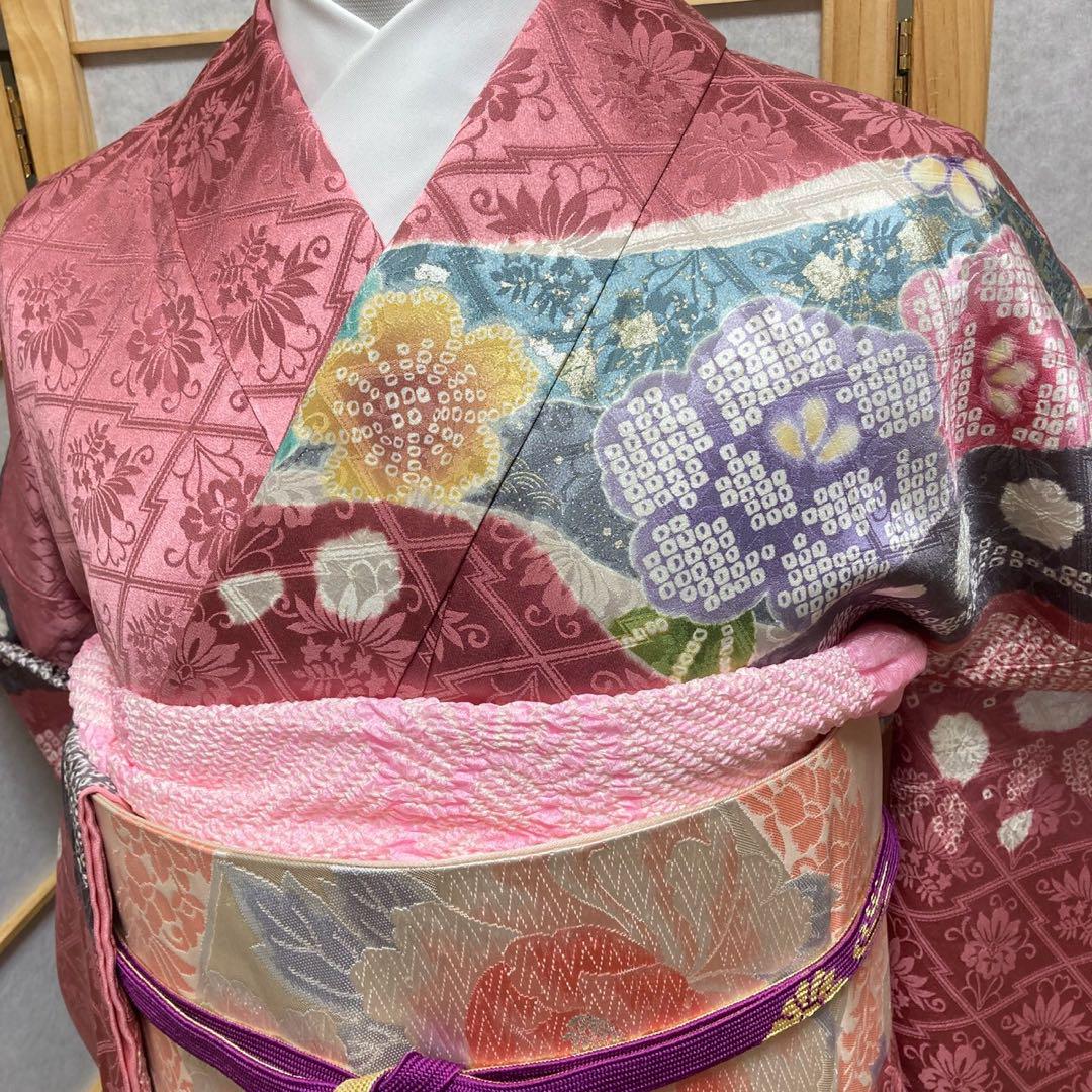 3134# Japanese Vintage Furisode Kimono Obi Obijime Obiage 4-Piece Set Silk Robe