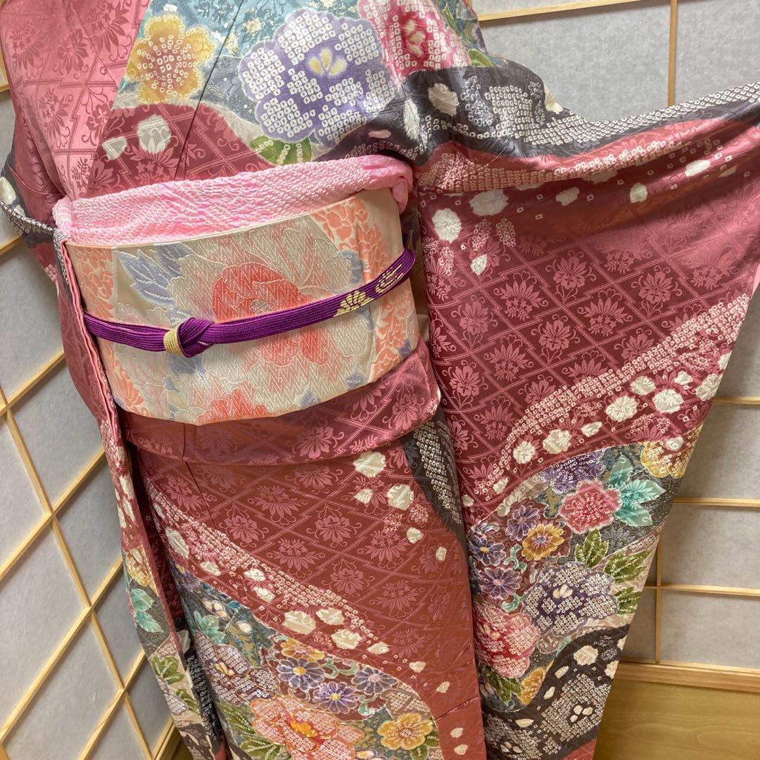 3134# Japanese Vintage Furisode Kimono Obi Obijime Obiage 4-Piece Set Silk Robe