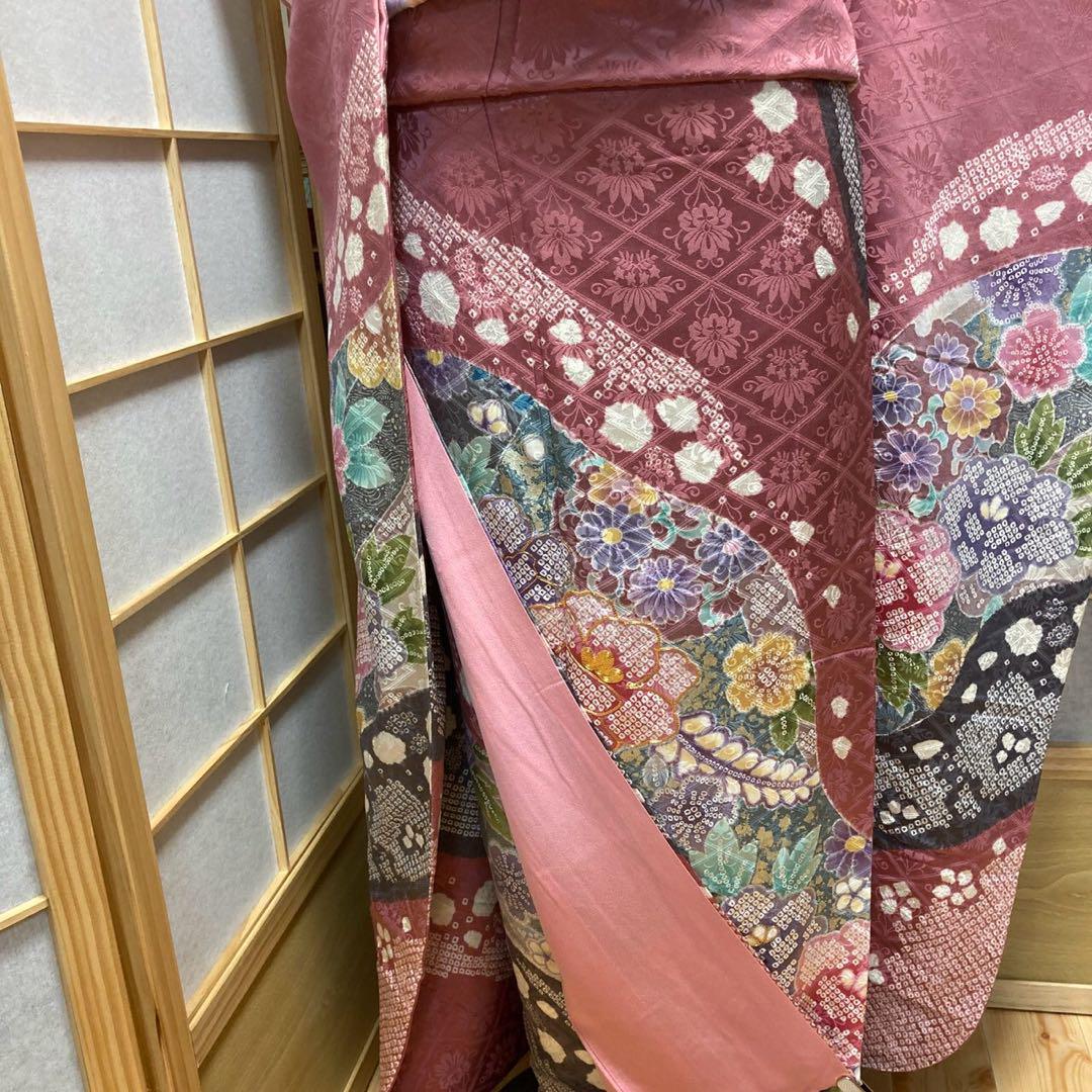 3134# Japanese Vintage Furisode Kimono Obi Obijime Obiage 4-Piece Set Silk Robe