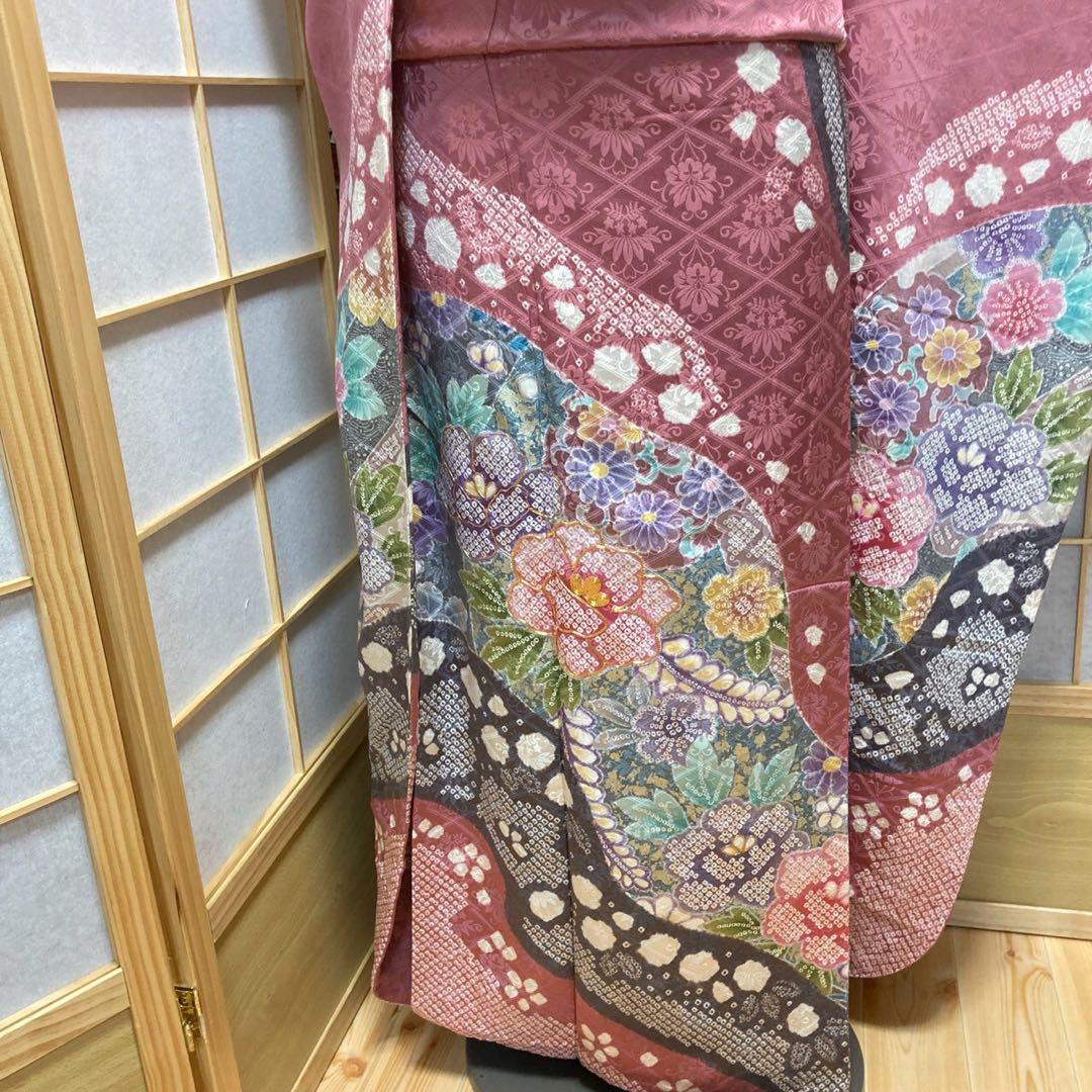 3134# Japanese Vintage Furisode Kimono Obi Obijime Obiage 4-Piece Set Silk Robe