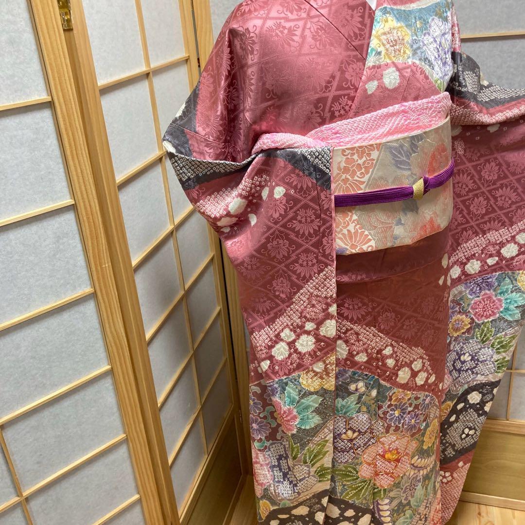 3134# Japanese Vintage Furisode Kimono Obi Obijime Obiage 4-Piece Set Silk Robe