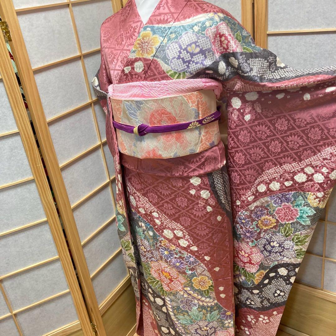 3134# Japanese Vintage Furisode Kimono Obi Obijime Obiage 4-Piece Set Silk Robe