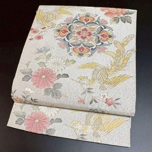 6152# Japanese Vintage Fukuro Obi Belt Kimono Fabric Silk Traditional Silver