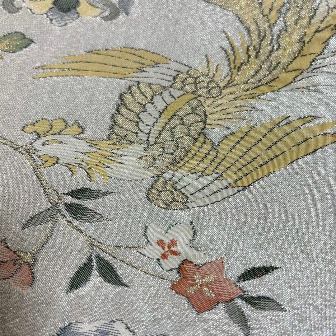 6152# Japanese Vintage Fukuro Obi Belt Kimono Fabric Silk Traditional Silver