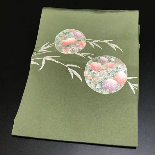6756# Japanese Vintage Nagoya Obi Belt Kimono Fabric Silk Traditional Green