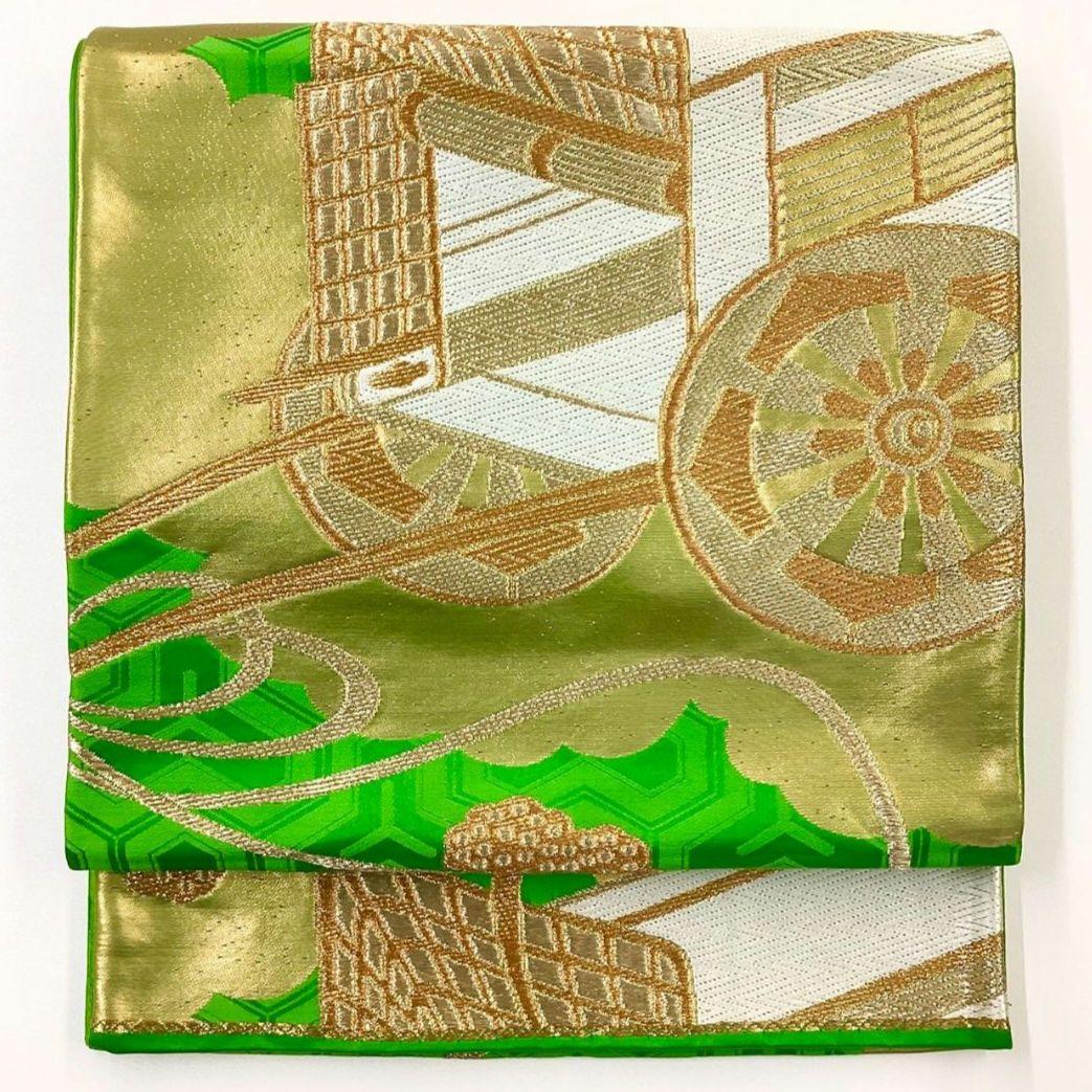 4981# Japanese Vintage Fukuro Obi Belt Kimono Fabric Silk Traditional Green