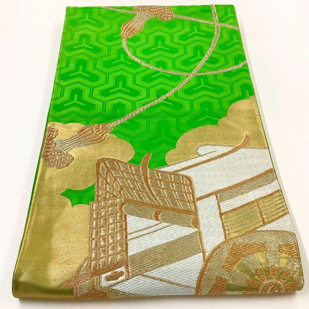4981# Japanese Vintage Fukuro Obi Belt Kimono Fabric Silk Traditional Green
