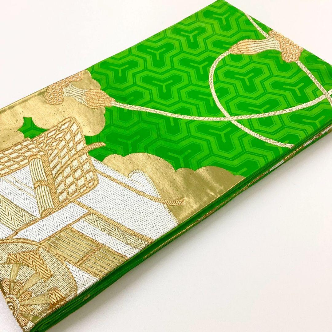 4981# Japanese Vintage Fukuro Obi Belt Kimono Fabric Silk Traditional Green