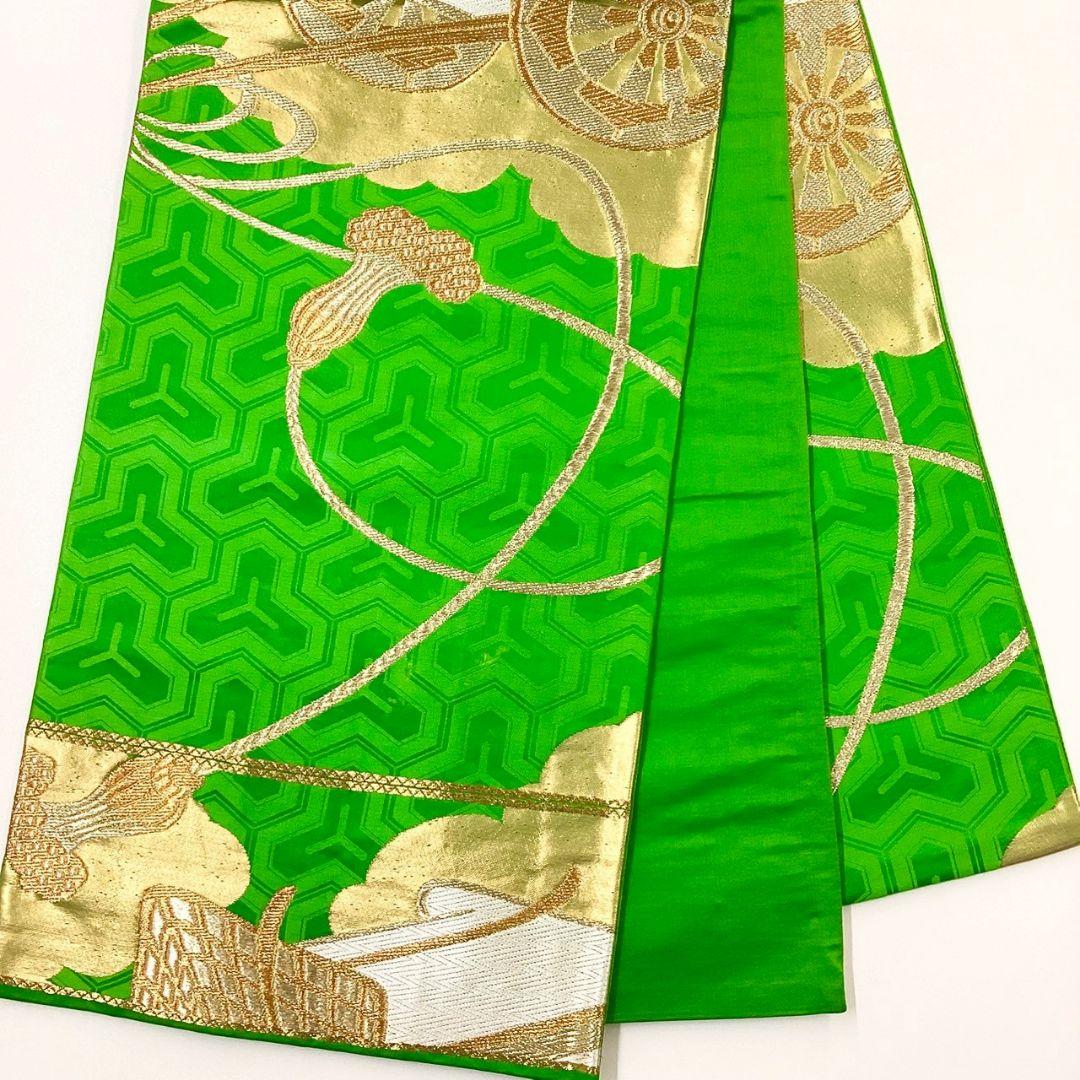 4981# Japanese Vintage Fukuro Obi Belt Kimono Fabric Silk Traditional Green