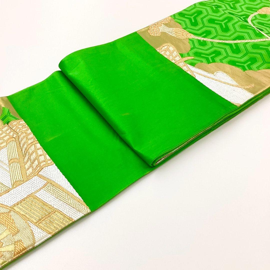 4981# Japanese Vintage Fukuro Obi Belt Kimono Fabric Silk Traditional Green