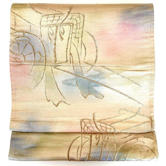 5241# Japanese Vintage Fukuro Obi Belt Kimono Fabric Silk Traditional Gold