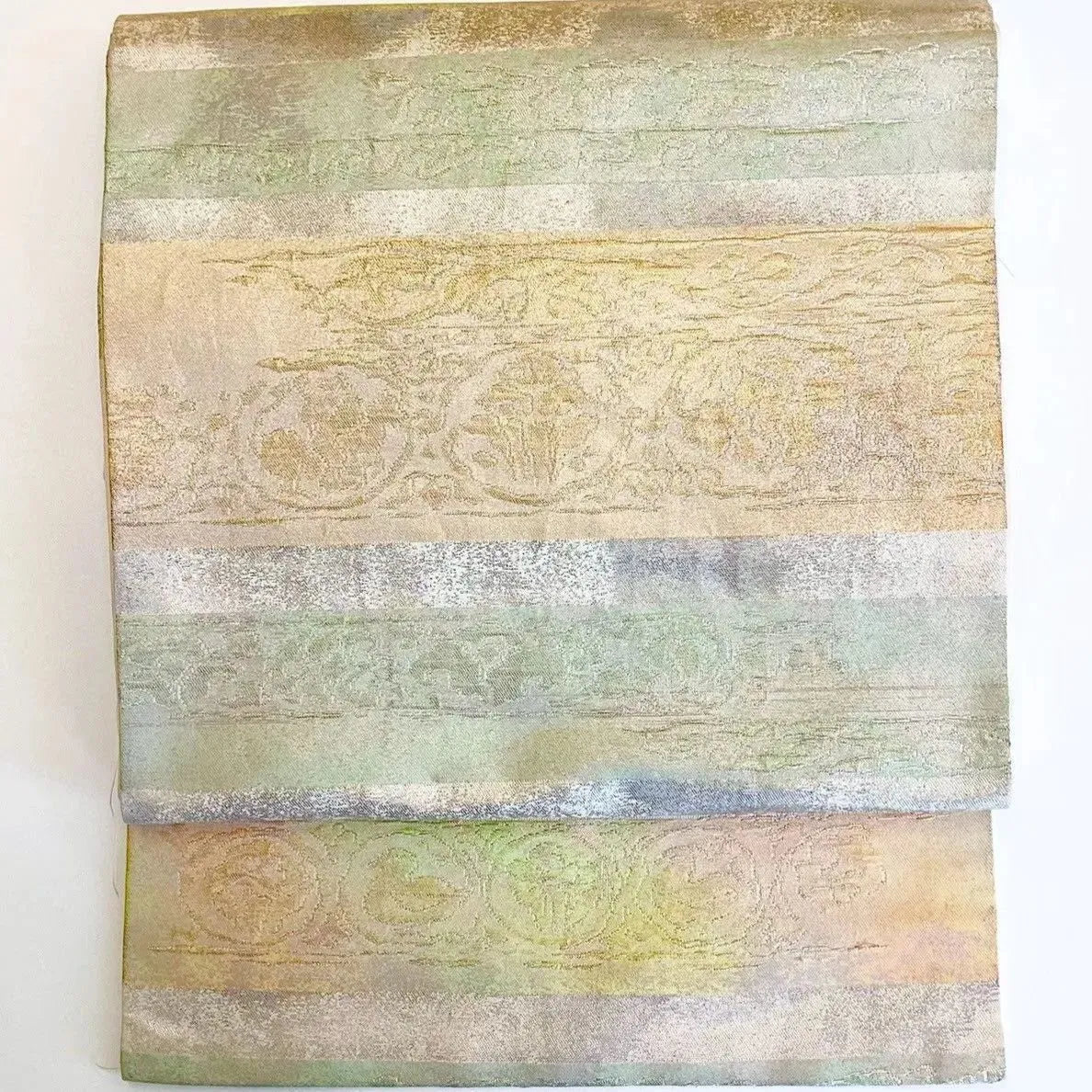 5687# Japanese Vintage Nagoya Obi Belt Kimono Fabric Silk Traditional Silver